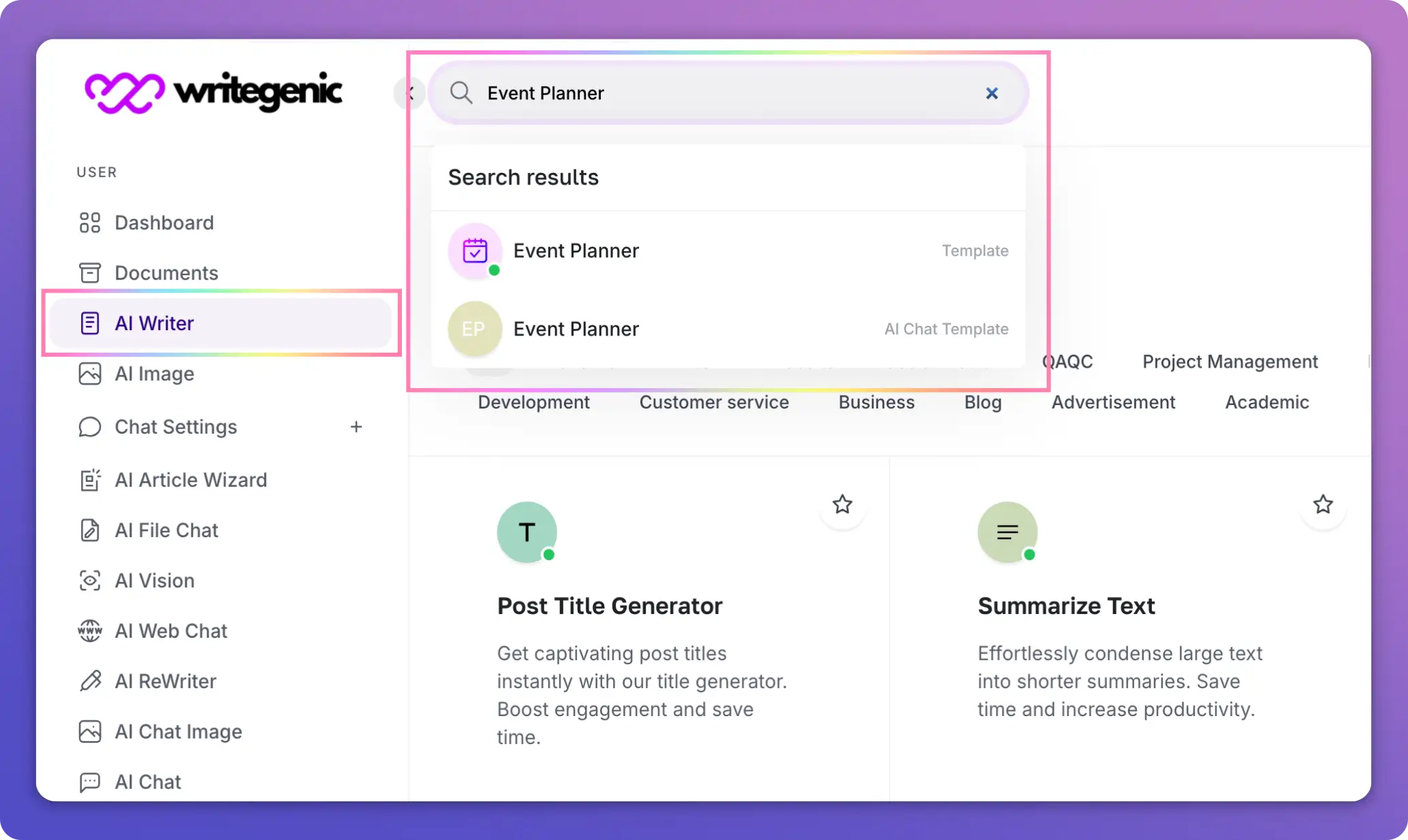 Step 1 - Open Writegenic AI Event Planner