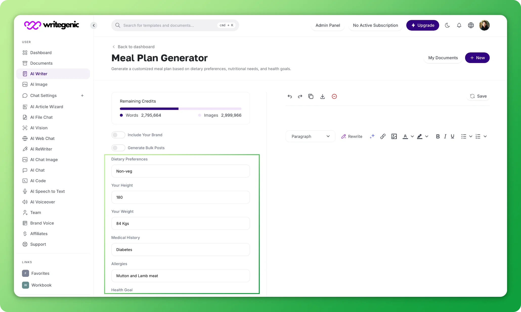 Step 2 Enter essential information to Meal Plan Generator