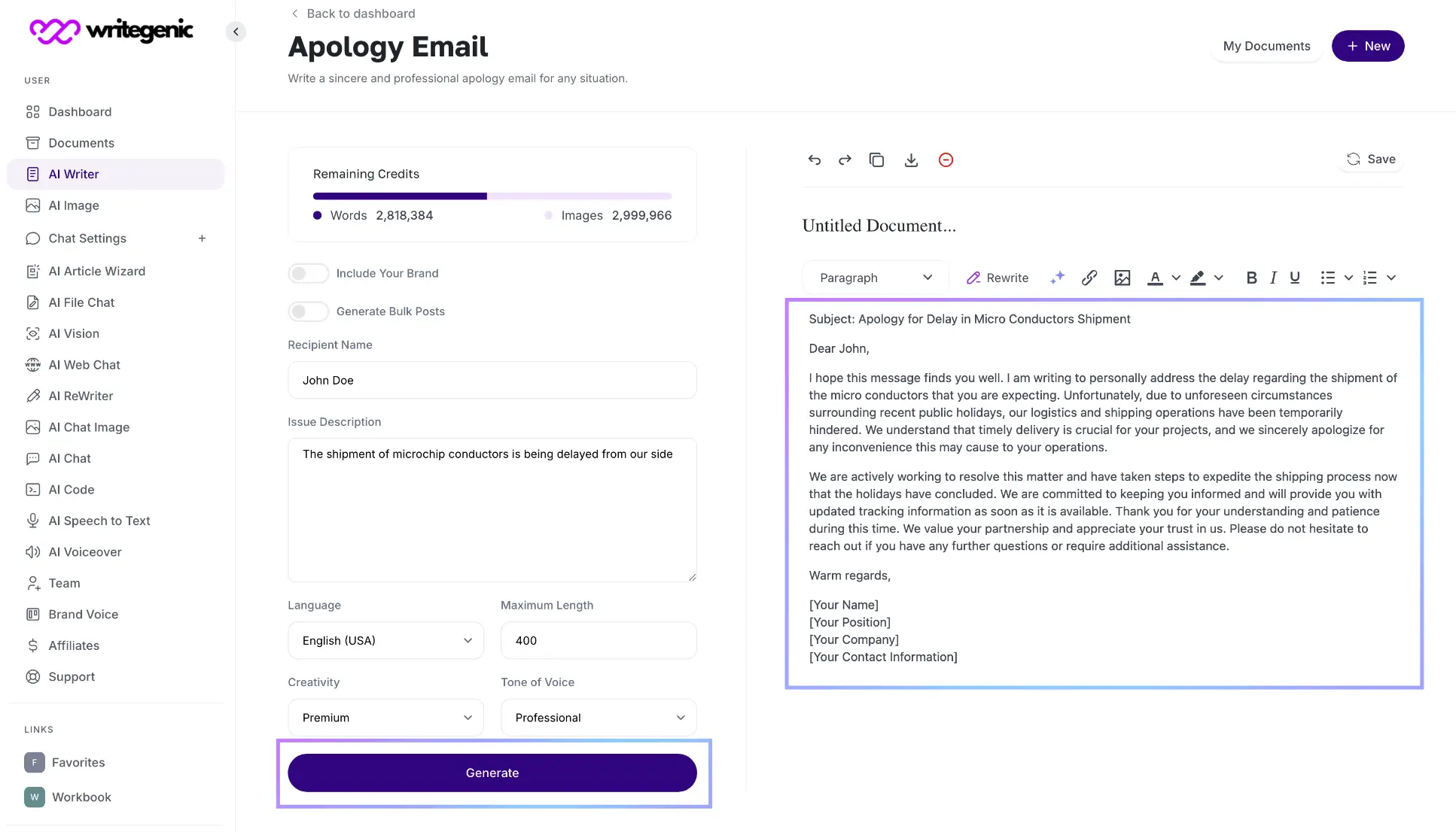 Step 3 Generate the Apology Email