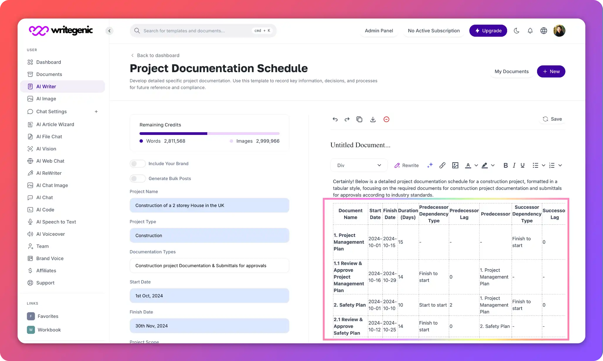 Step 4 Generate project documentation schedule