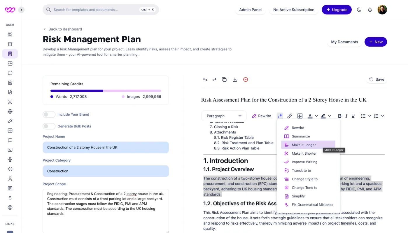 Risk Management Plan Using AI - Writegenic AI