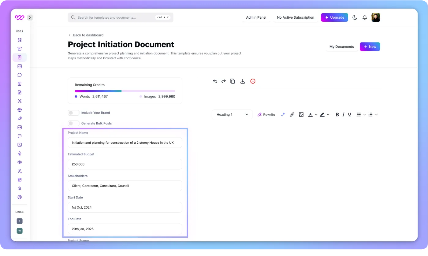 Step 2 - Fill the Information PID Template - Writegenic AI