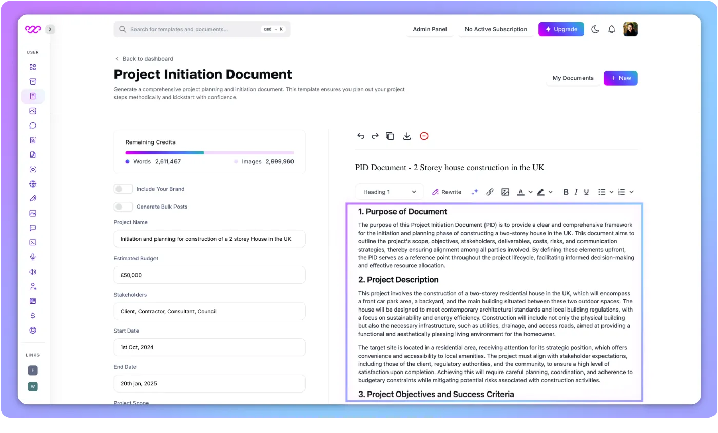 Step 3 - Generate the AI-powered PID (Project Initiation Document) - Writegenic AI