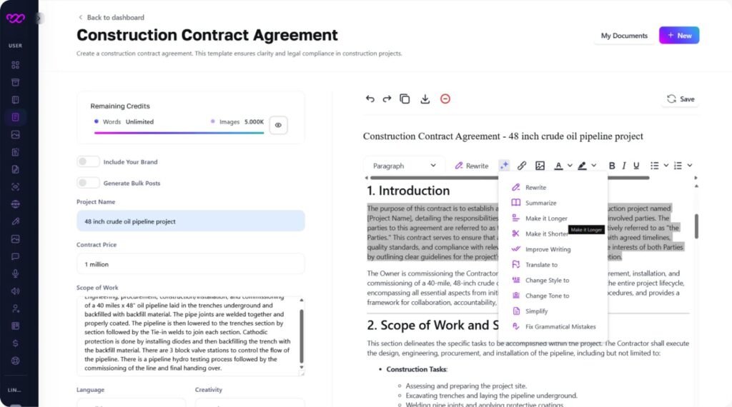 Construction Contract Agreement Writer - Create Contracts