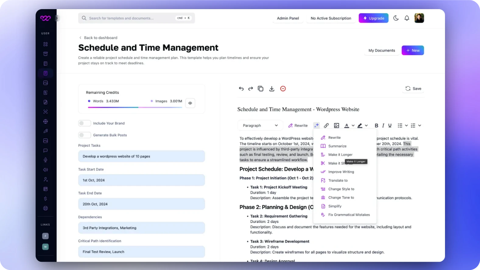 Step 3 - Generate the document (Project schedule and time management)