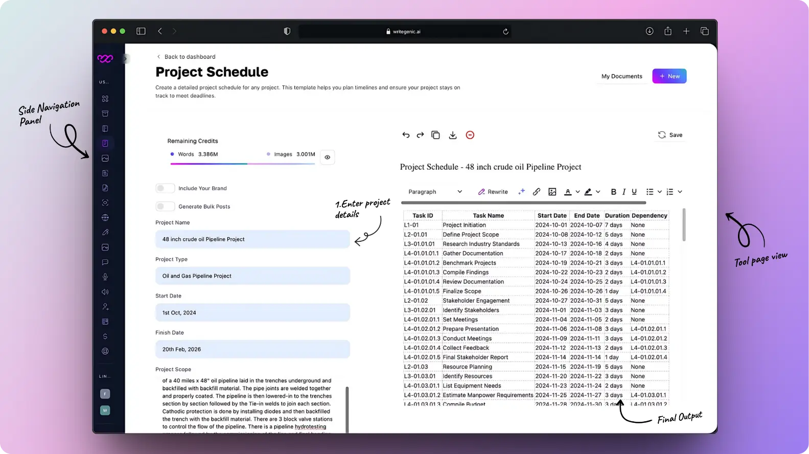 Generating a project planning and scheduling draft in minutes using Writegenic AI