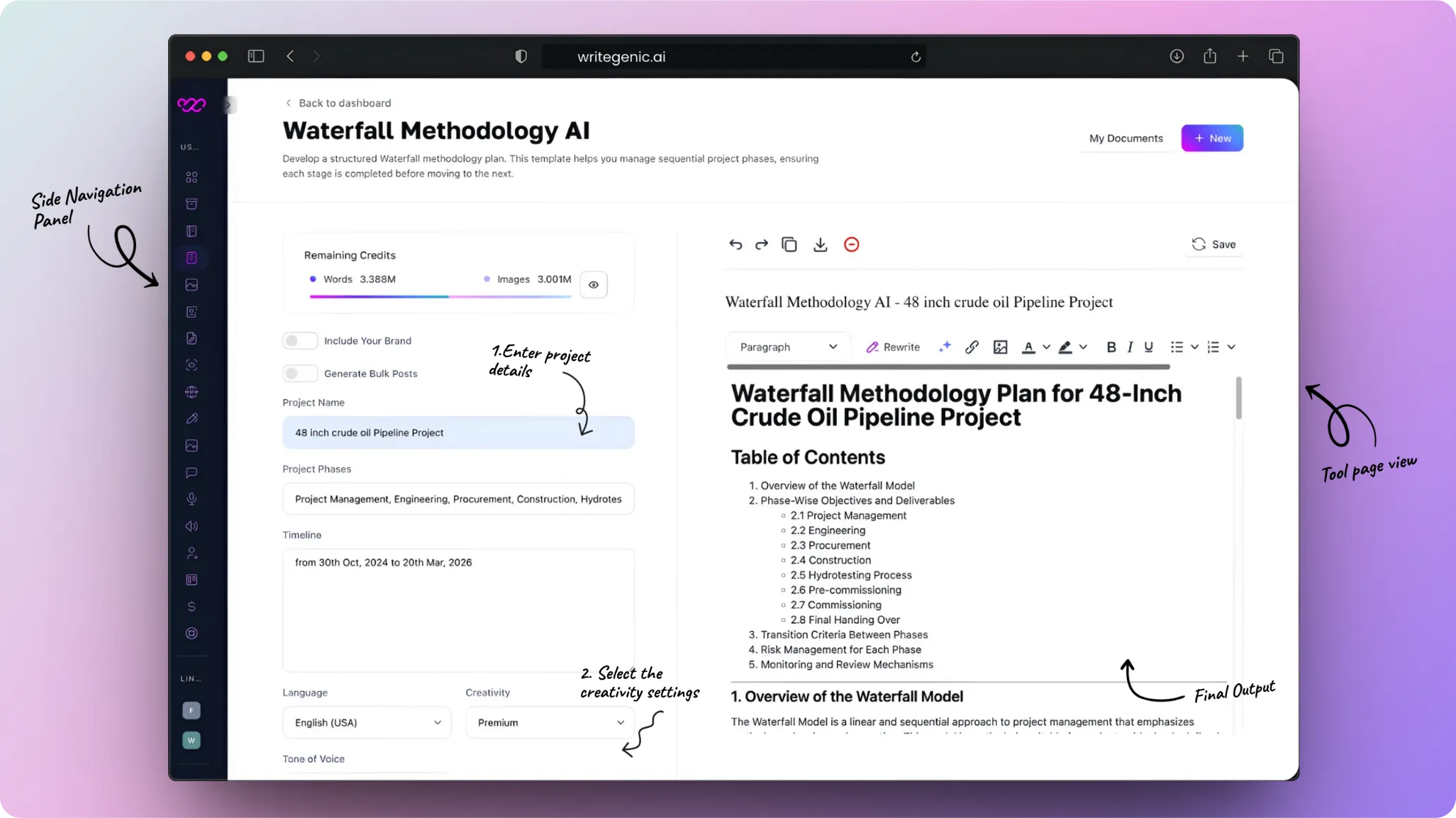 How to create a perfect waterfall methodology using Writegenic AI?