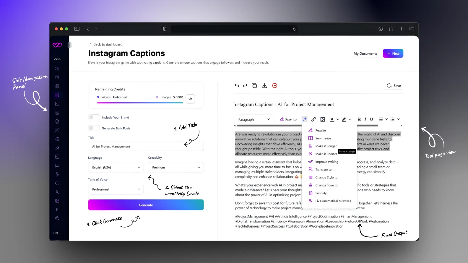 Writing instagram captions in seconds using Writegenic AI