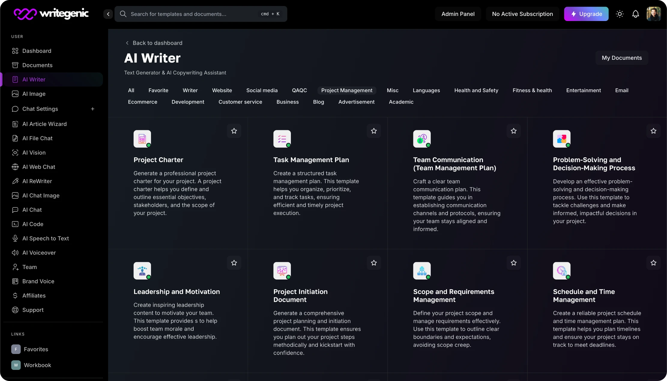 Image of Writegenic AI dashboard