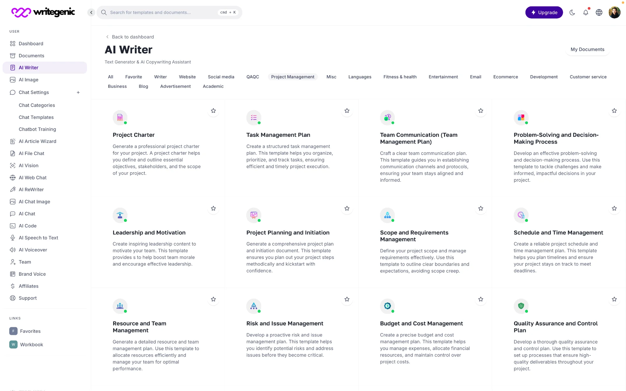 Image of Writegenic AI dashboard